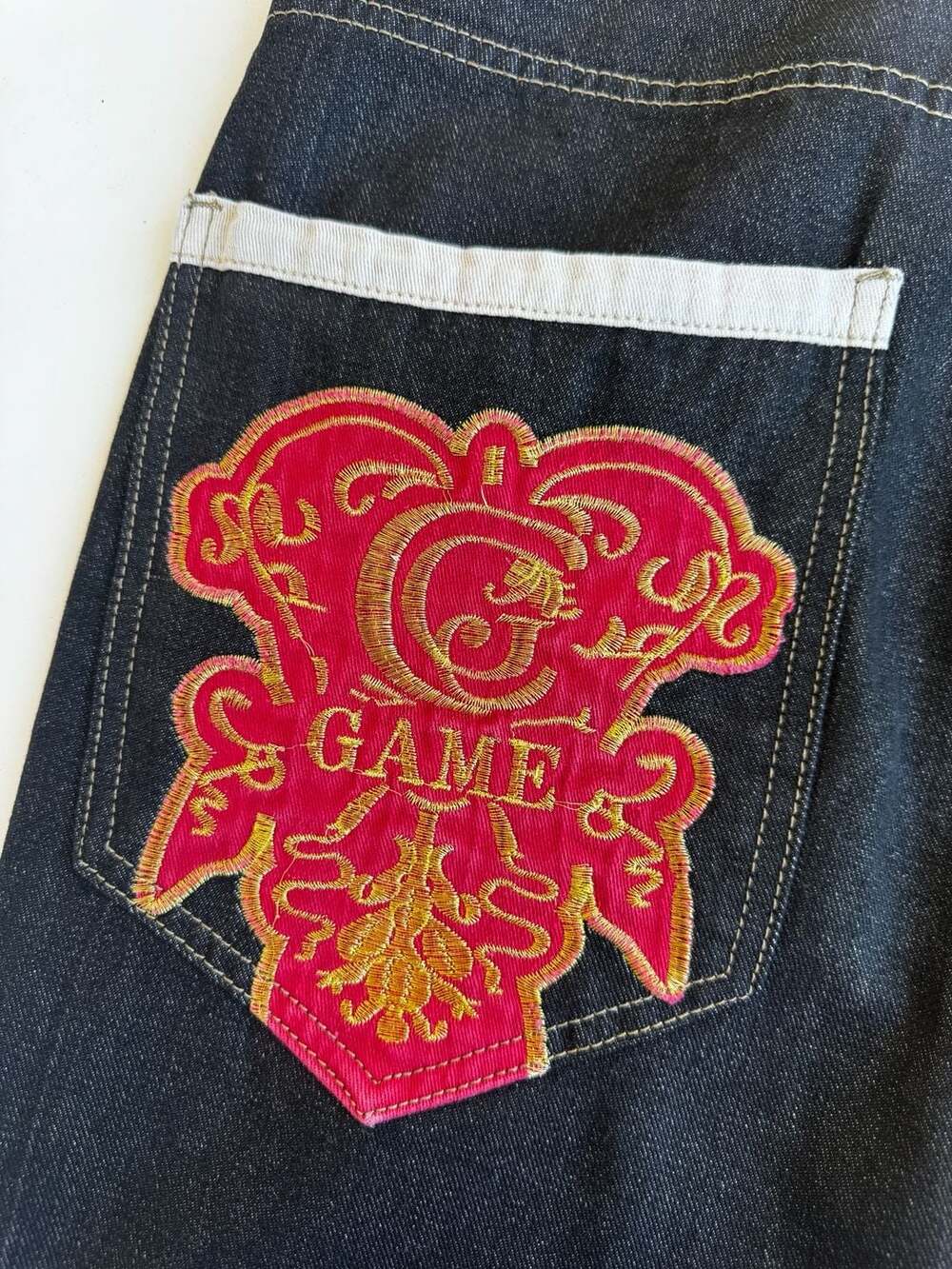 Game Time Vintage Y2K Hip Hop Baggy Embroidered Black Denim Jeans - Picture 7 of 9